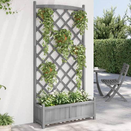 vidaXL Plantenbak met latwerk massief vurenhout grijs, Tuin en Terras, Bloembakken en Plantenbakken, Nieuw, Hout, Verzenden