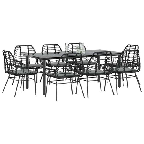 vidaXL 9-delige Tuinset met kussens poly rattan glas zwart, Tuin en Terras, Tuinsets en Loungesets, Tuinset, Nieuw, 8 zitplaatsen