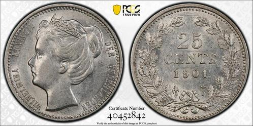 Koningin Wilhelmina 25 cent 1901 Smalle Hals AU58 PCGS, Postzegels en Munten, Munten | Nederland, Losse munt, 25 cent, Koningin Wilhelmina