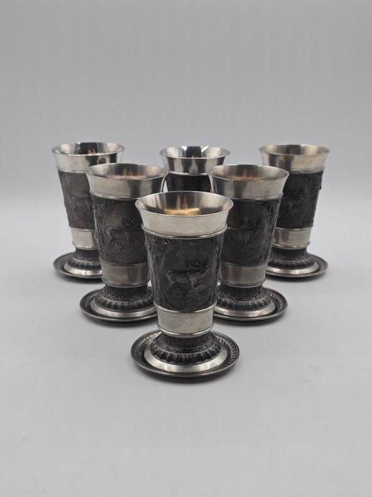 Beker - Set van 6 met bijbehorende onderzetters - Tin -, Antiek en Kunst, Curiosa en Brocante