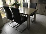 Set van 4 leren eetkamerstoelen - met sledepoot - grijs leer, Huis en Inrichting, Overige kleuren, Nieuw, Leer, Ophalen of Verzenden