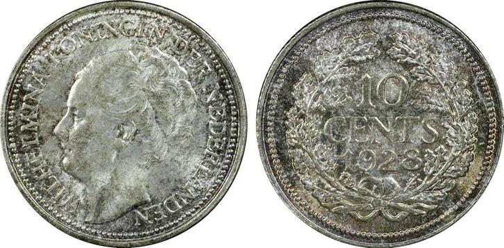 Koningin Wilhelmina 10 cent 1928 MS65 PCGS gecertificeerd, Postzegels en Munten, Munten | Nederland, Losse munt, 10 cent, Koningin Wilhelmina