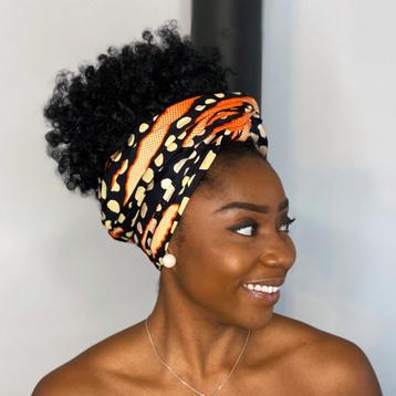 Afrikaanse hoofddoek / headwrap - Zwart Oranje metallic Bogo