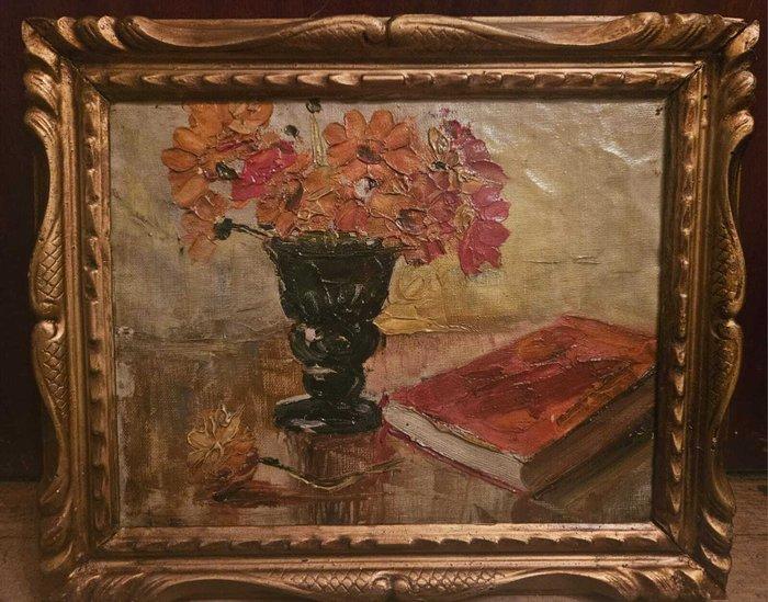 Europese school (XX) - Bodegón con flores y libro, Antiek en Kunst, Kunst | Schilderijen | Klassiek
