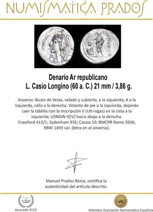 Romeinse Republiek. L. Casio Longino, 60 a. C.. Denarius, Postzegels en Munten, Munten | Europa | Niet-Euromunten