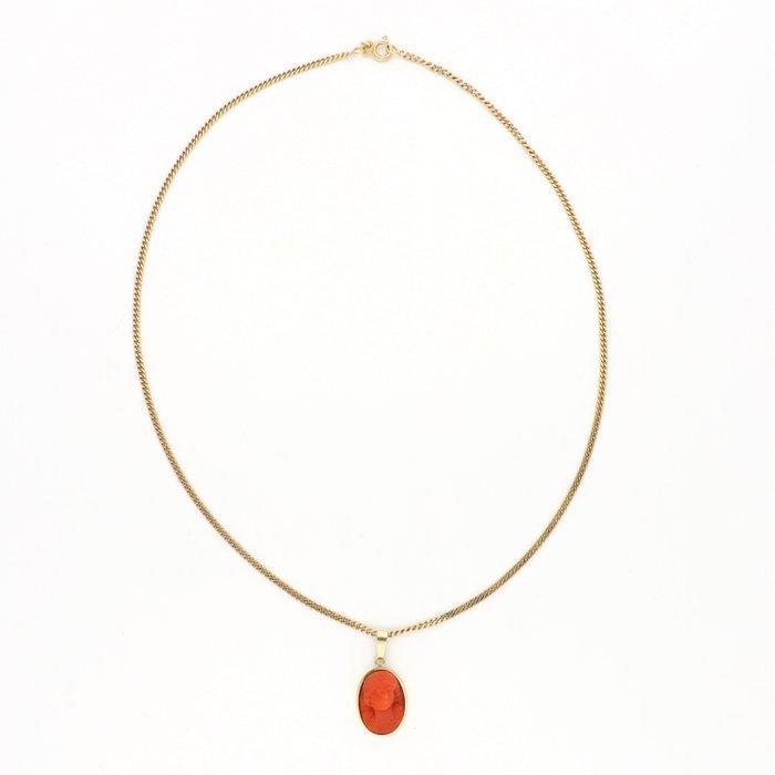 Ketting met hanger - 14 karaat Geel goud - Bloedkoraal, Sieraden, Tassen en Uiterlijk, Antieke sieraden