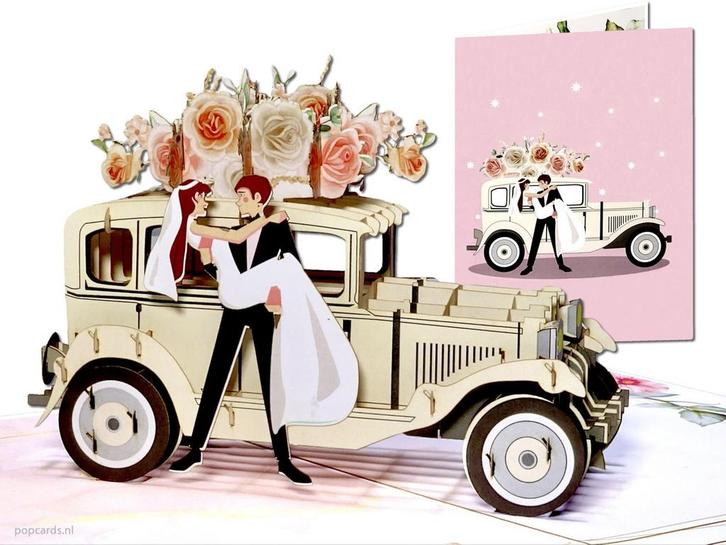 Romantische Trouwkaart Trouwauto met Bruidspaar Wenskaart, Diversen, Wenskaarten, Verzenden