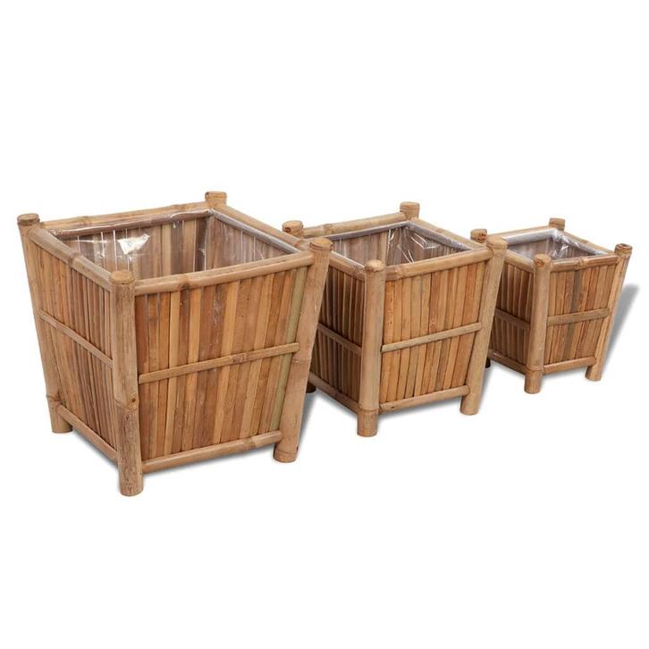 vidaXL 3 st Plantenbakken verhoogd bamboe met nylon voering, Tuin en Terras, Bloembakken en Plantenbakken, Minder dan 60 cm, Nieuw