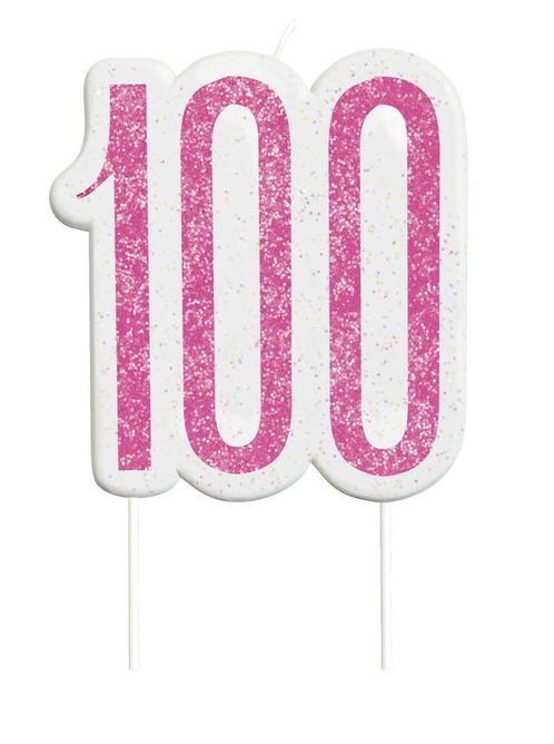 Kaars 100 Jaar Glitter Roze 9cm, Hobby en Vrije tijd, Feestartikelen, Nieuw, Verzenden