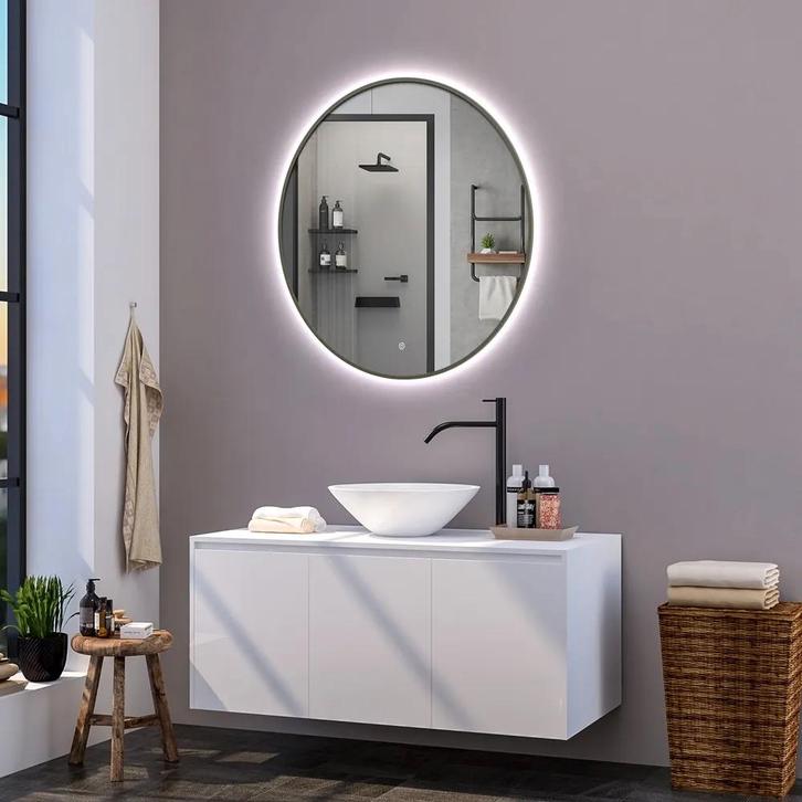 Ronde badkamerspiegel Mauri gun metal met verwarming, LED, Doe-het-zelf en Verbouw, Sanitair, Verzenden