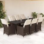 vidaXL 9-delige Bistroset met kussens poly rattan bruin, Tuin en Terras, Verzenden, Nieuw, Rotan, 8 zitplaatsen
