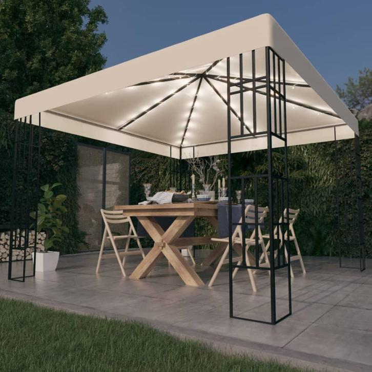 vidaXL Prieel met LED-lichtslinger 3x3 m crèmekleurig, Tuin en Terras, Partytenten, Nieuw, Verzenden