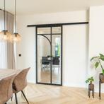 Stalen Schuifdeur koofsysteem Zwart 5 Vlaks rond Helder glas, 75 tot 150 cm, Nieuw, 150 tot 225 cm, Metaal