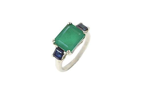 Ring - 9 kt. Witgoud - 5.05ct. tw. Smaragd - Saffier, Sieraden, Tassen en Uiterlijk, Ringen