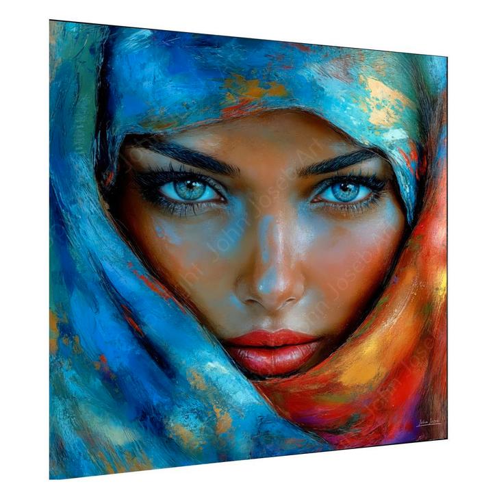 John Joseb glasschilderij gesluierde mooie vrouw felle kleur, Huis en Inrichting, Woonaccessoires | Schilderijen, Tekeningen en Foto's