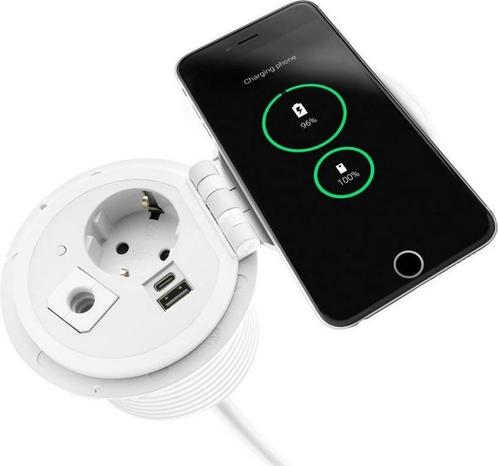 Inbouw Tafelstopcontact in het wit met USB-A, C Quickcharge, Doe-het-zelf en Verbouw, Elektra en Kabels, Stopcontact, Nieuw, Ophalen of Verzenden