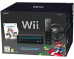 Nintendo Wii Family Edition Zwart Pack-Mario Kart & Wheel, Ophalen of Verzenden, Zo goed als nieuw
