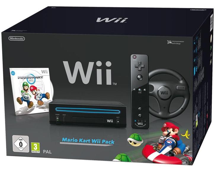 Nintendo Wii Family Edition Zwart Pack-Mario Kart & Wheel, Spelcomputers en Games, Spelcomputers | Nintendo Wii, Zo goed als nieuw