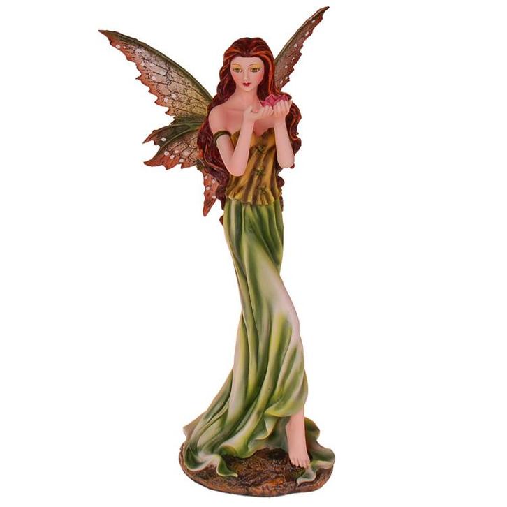 Beeldje Fantasy Elf/Fee - Groen/Bruin met Rode Roos in Hande, Verzamelen, Beelden en Beeldjes, Nieuw, Ophalen of Verzenden