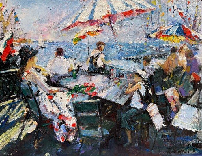 Anatoly Belonog (1946) - Café au bord de Mer - Élégante aux, Antiek en Kunst, Kunst | Schilderijen | Klassiek