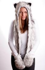 Hood Grijze Wolf Muts met Sjaal Wanten en Oortjes Faux Fur G, Nieuw, Ophalen of Verzenden