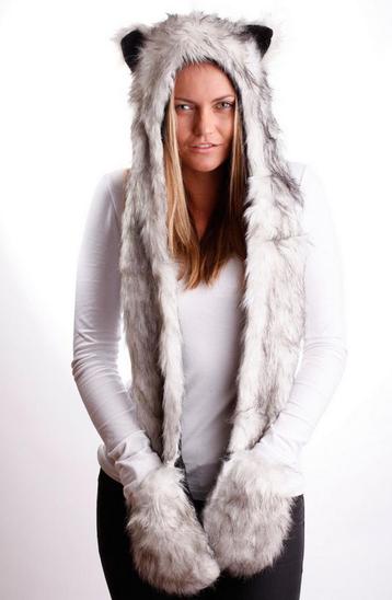 Hood Grijze Wolf Muts met Sjaal Wanten en Oortjes Faux Fur G beschikbaar voor biedingen