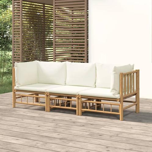 vidaXL 3-delige Loungeset met kussens bamboe crèmewit, Tuin en Terras, Tuinsets en Loungesets, Loungeset, Nieuw, Hout, Verzenden