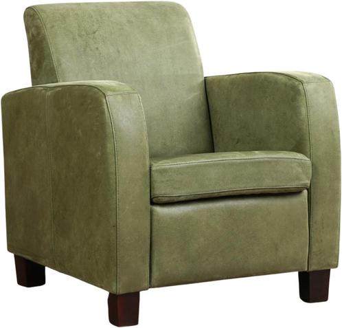 Olijfgroene leren landelijke fauteuil - poot hout zwart - Ke, Huis en Inrichting, Fauteuils, 50 tot 75 cm, 75 tot 100 cm, Nieuw