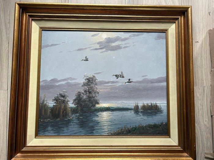Gien Brouwer (1944 - 2023) - Overvliegende eenden in de, Antiek en Kunst, Kunst | Schilderijen | Klassiek