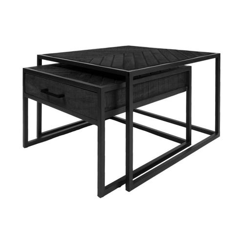 Salontafel Ruby Visgraat - Zwart Mangohout - Set van 2, Huis en Inrichting, Tafels | Salontafels, Nieuw, Verzenden