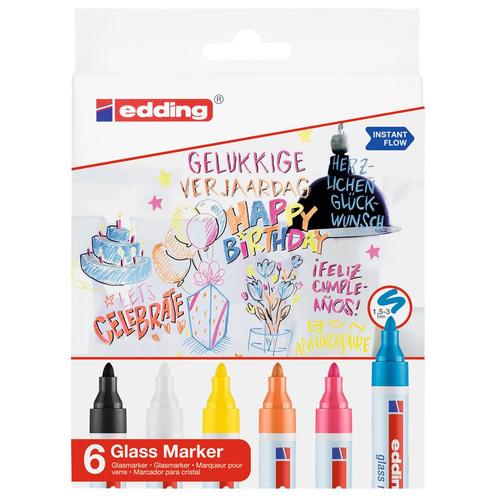 Edding glasmarkers set van 6 - Zwart, wit, geel, oranje,, Diversen, Schrijfwaren, Ophalen of Verzenden