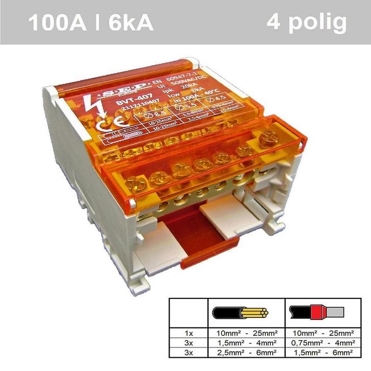 SEP verdeelblok 4 polig 100A 7 aansluitingen - BVT-407 -, Doe-het-zelf en Verbouw, Elektra en Kabels, Ophalen of Verzenden