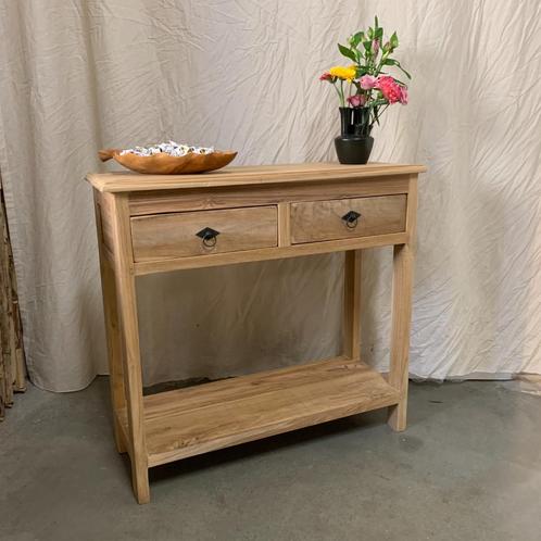 Sidetable - 80 x 30 cm - 2 lades - Teakhout - TTM Wonen, Huis en Inrichting, Tafels | Sidetables, 50 tot 100 cm, 25 tot 50 cm