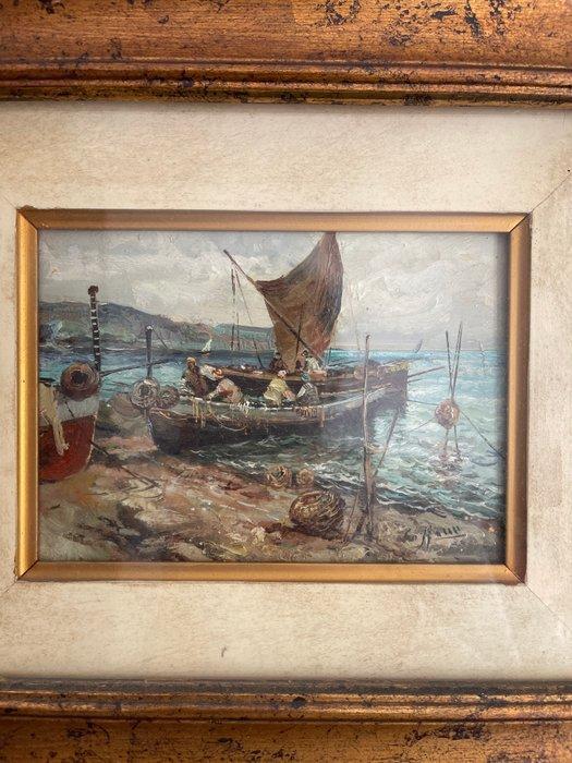 Scuola italiana (XX), firmato Nicolini - Barche e pescatori, Antiek en Kunst, Kunst | Schilderijen | Klassiek