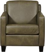 Olijfgroene leren landelijke fauteuil - poot hout zwart - Gr, Nieuw, Ophalen of Verzenden, Landelijk, 50 tot 75 cm