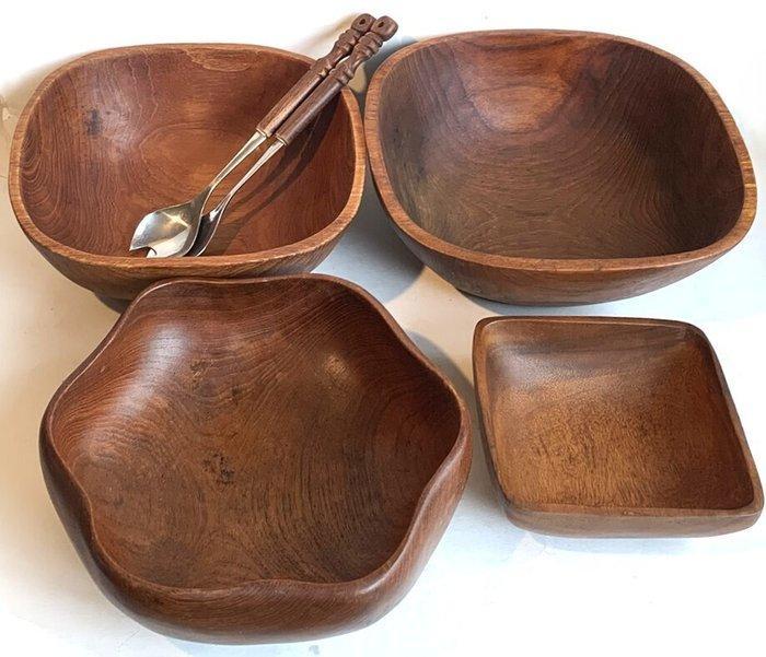 Schaal - Hout en metaal - Vier schalen plus couvert, Antiek en Kunst, Kunst | Designobjecten