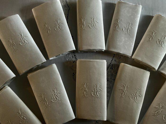 Vroeg 20e eeuw Damast linnen servetten met initialen L.J. -, Antiek en Kunst, Antiek | Kleden en Textiel