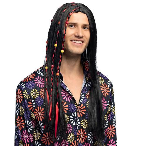 Flower Power Pruik Zwart Met Kralen Fern, Hobby en Vrije tijd, Feestartikelen, Nieuw, Ophalen of Verzenden