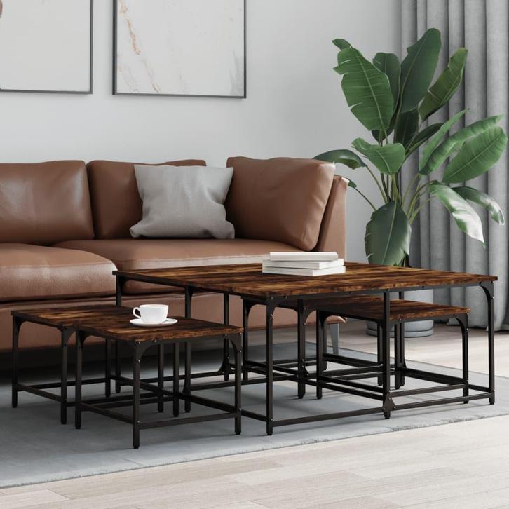 vidaXL 5-delige Tafeltjesset bewerkt hout gerookt, Huis en Inrichting, Tafels | Salontafels, Nieuw, 100 tot 150 cm, Overige houtsoorten