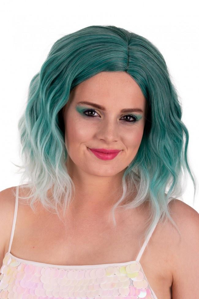 Pruik Alicia Half Lang Met Wave Aqua Naar Wit, Hobby en Vrije tijd, Feestartikelen, Nieuw, Verzenden