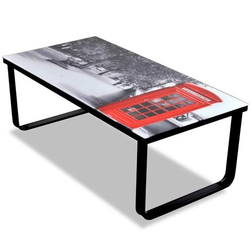 vidaXL Salontafel met telefooncel-print glazen tafelblad, Huis en Inrichting, Tafels | Salontafels, Nieuw, 50 tot 100 cm, Glas