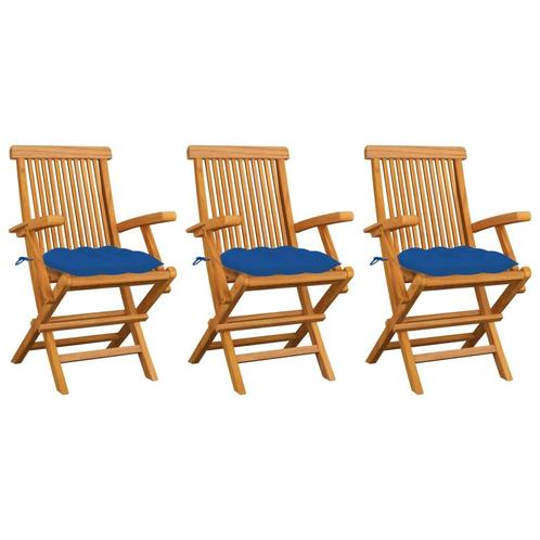 vidaXL Tuinstoelen 3 st met blauwe kussens massief teakhout, Tuin en Terras, Tuinstoelen, Nieuw, Teakhout, Verzenden