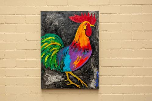 Kleurrijke Haan op Zwarte Achtergrond – Ochtendglorie, Antiek en Kunst, Antiek | Woonaccessoires, Ophalen of Verzenden