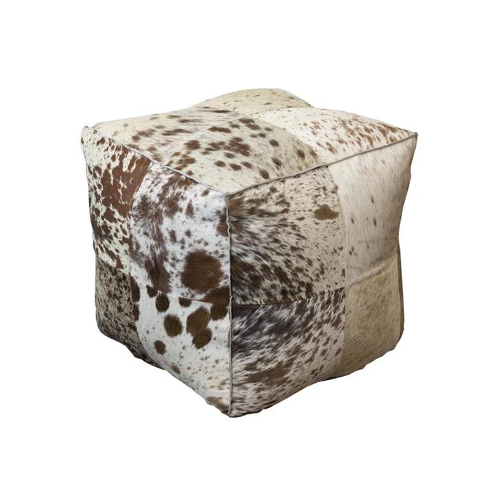 poef koehuid vierkant bruin/wit 40cm, Huis en Inrichting, Woonaccessoires | Overige, Verzenden