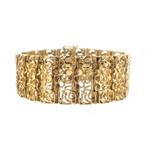 Gouden brede fantasie schakel armband | 19,5 cm, Ophalen of Verzenden, Gebruikt, Overige kleuren, Goud