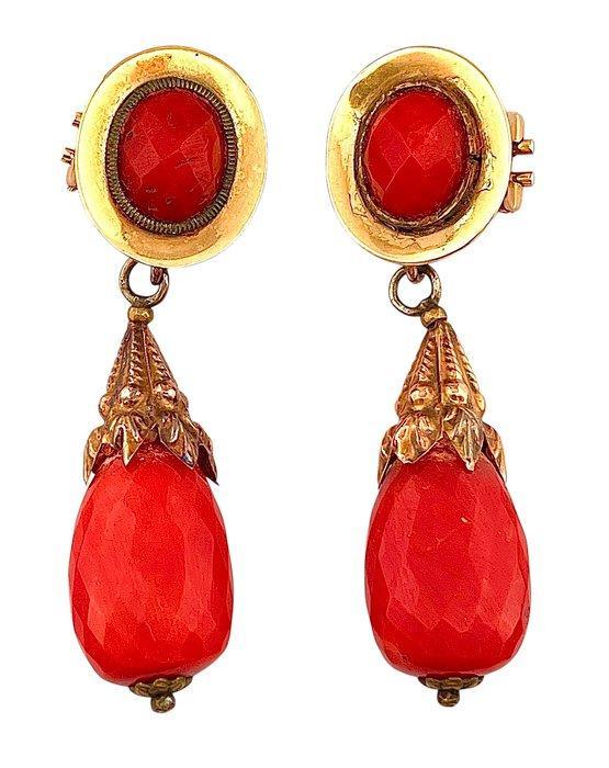 Oorbellen - 18 karaat Geel goud Bloedkoraal, Sieraden, Tassen en Uiterlijk, Oorbellen