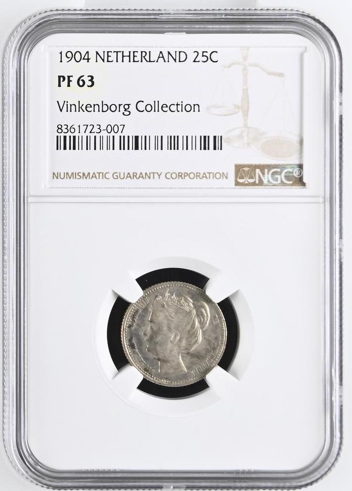 Koningin Wilhelmina 25 cent 1904 Proof PF63 NGC Ex, Postzegels en Munten, Munten | Nederland, Losse munt, 25 cent, Koningin Wilhelmina