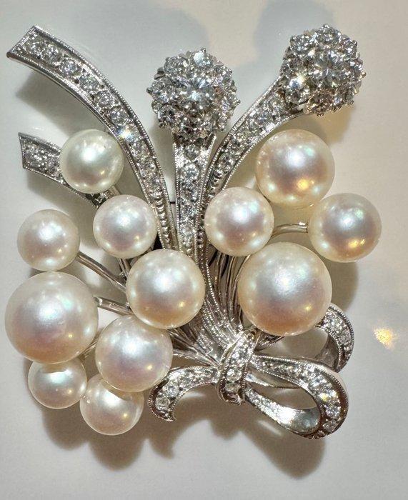 Mikimoto - Broche - 14 karaat Witgoud Parel - Diamant, Sieraden, Tassen en Uiterlijk, Antieke sieraden