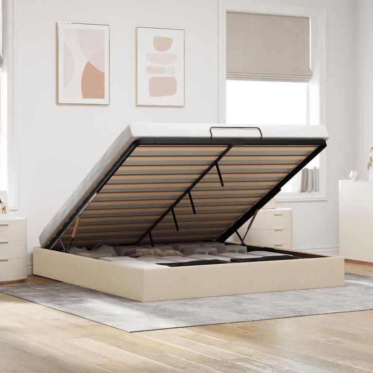 vidaXL Bedframe zonder matras 200x200 cm stof crèmekleurig, Huis en Inrichting, Slaapkamer | Bedden, Overige maten, 200 cm, Crème