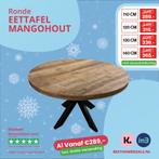 Ronde eettafel massief mangohout 110 t/m 140cm v.a. €289,-!!, Huis en Inrichting, Nieuw, Rond, Metaal, Ronde eettafel mangohout